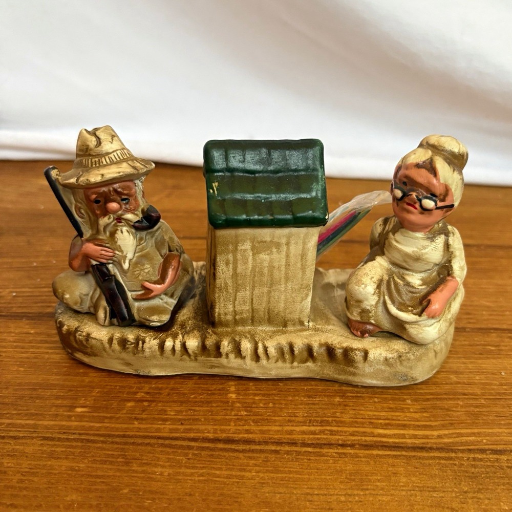 Vintage Ma and Pa hillbilly salt & pepper shaker set & outhouse toothpick holder
